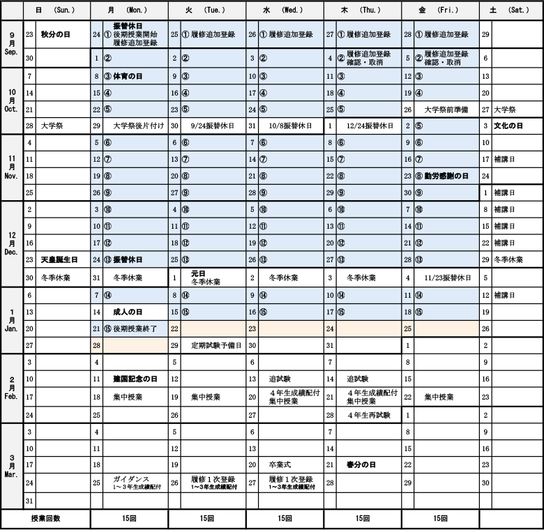 2018年度 後期(9月23日~3月31日)授業日