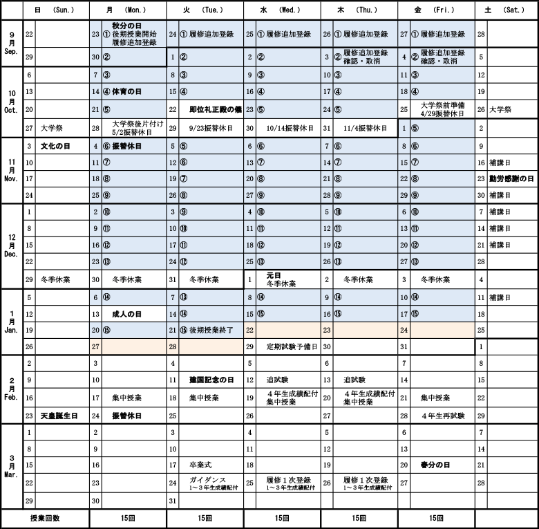 2019年度 後期(9月22日~3月31日)授業日