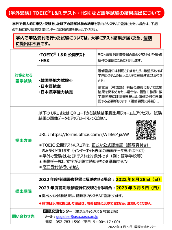 2022年度　学外受験の語学試験結果の提出について