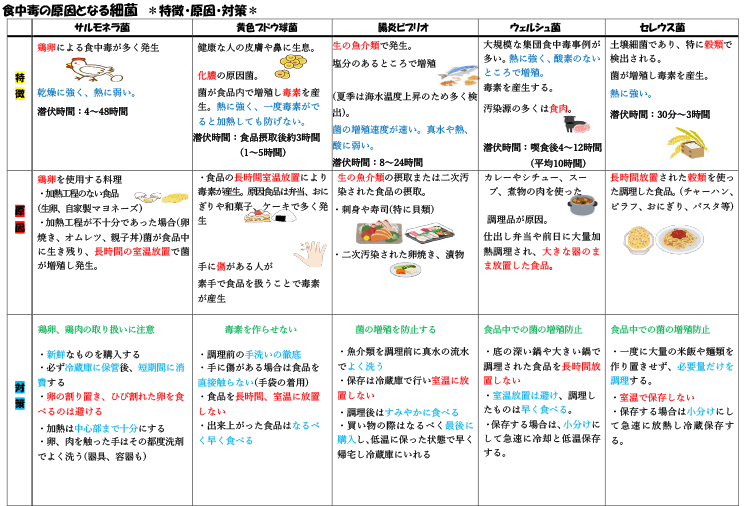 食中毒の特徴・原因・対策の一覧