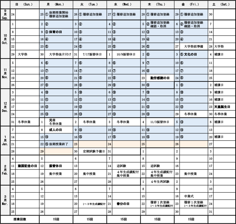 2017年度 後期(9月24日~3月31日)授業日