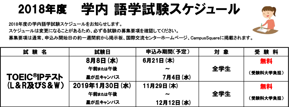 2018年度　学内語学試験スケジュール