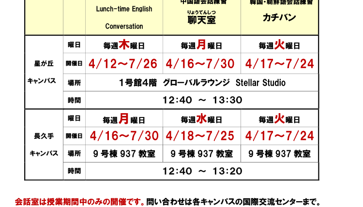 2018年度前期　会話室（英・中・韓）開催のお知らせ