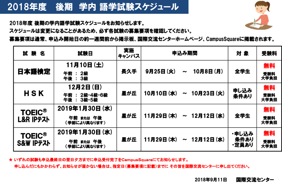2018年度後期 学内語学試験スケジュール