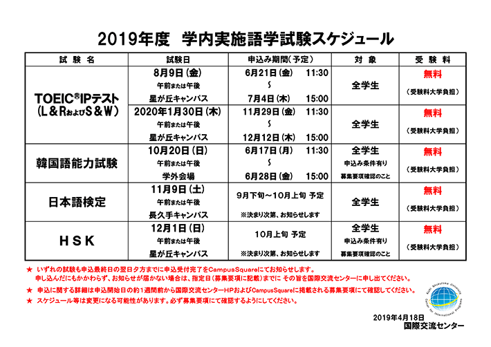 2019年度　学内実施語学試験スケジュール