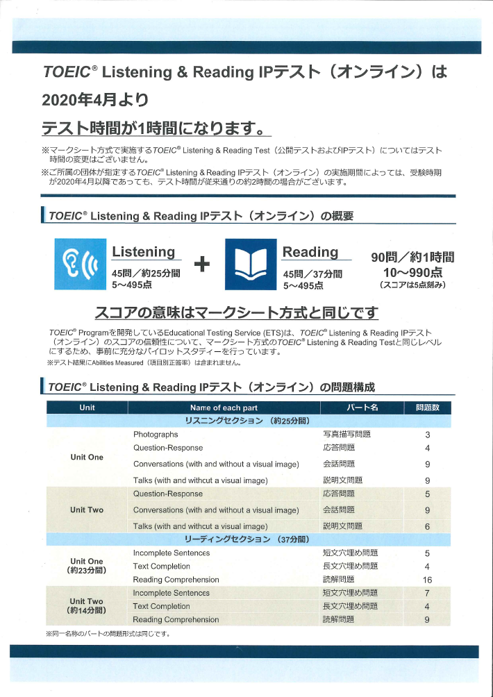 2020年度 前期 TOEIC® Listening&Reading（L&R）IP テスト（オンライン）　募集要項