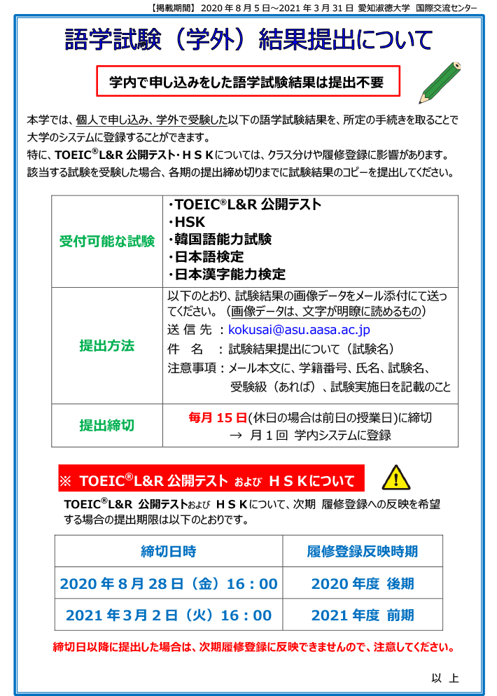 語学試験（学外）結果提出について