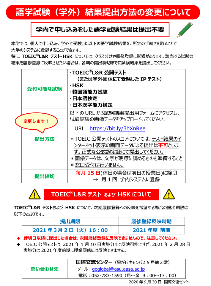 語学試験（学外）試験結果提出方法の変更について（修正版）