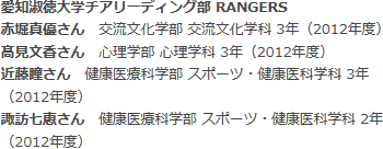 愛知淑徳大学チアリーディング部 RANGERS　交流文化学部 交流文化学科　心理学部 心理学科　健康医療科学部 スポーツ・健康医科学科